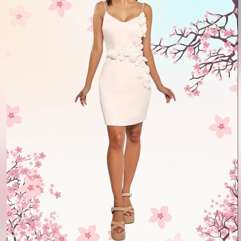 Terani Couture Matte Satin V-Neck Sleeveless Tie Strap 3D Floral Mini Dress